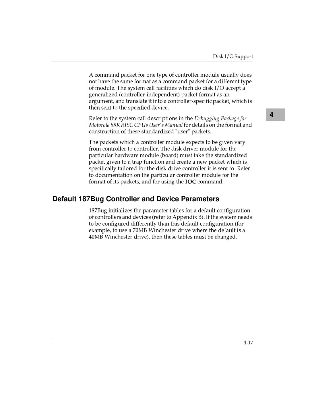 Motorola MVME187 manual Default 187Bug Controller and Device Parameters 