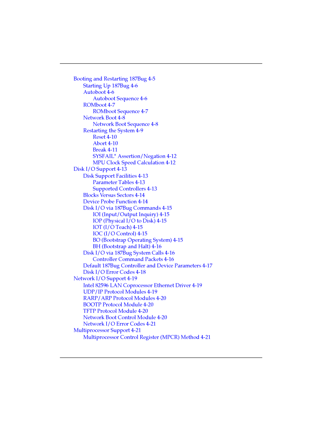 Motorola MVME187 manual Booting and Restarting 187Bug 4-5 Starting Up 187Bug 4-6 Autoboot, SYSFAIL* Assertion/Negation 
