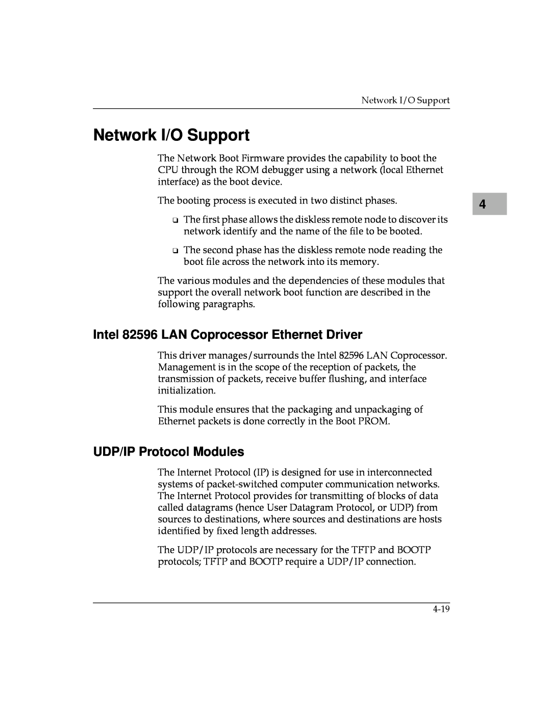 Motorola MVME187 manual Network I/O Support, Intel 82596 LAN Coprocessor Ethernet Driver, UDP/IP Protocol Modules 