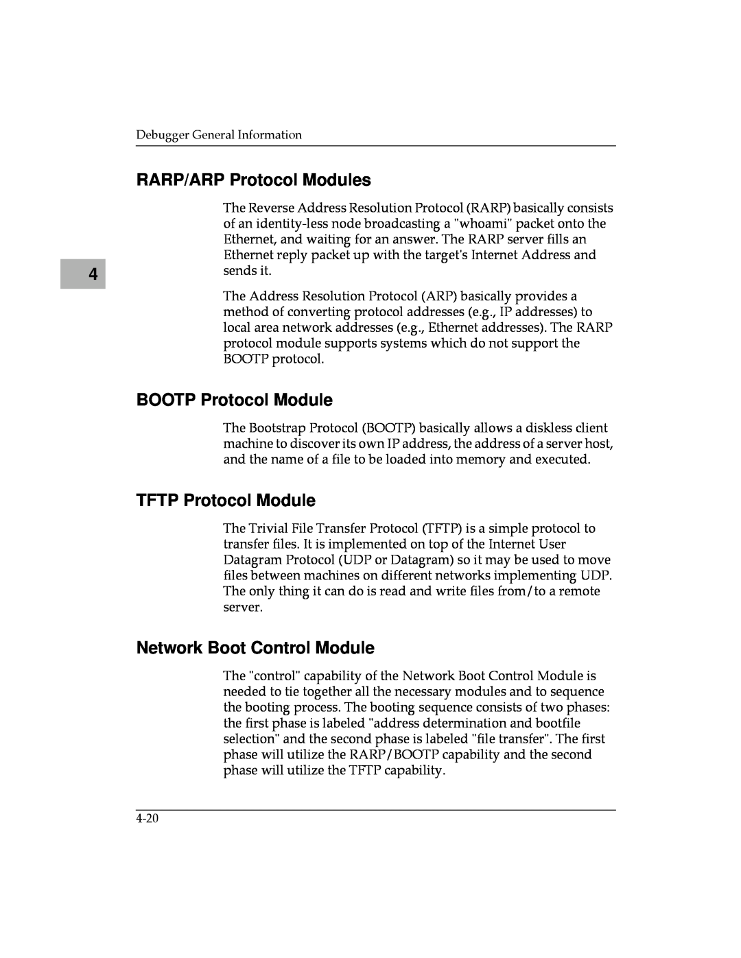 Motorola MVME187 manual RARP/ARP Protocol Modules, BOOTP Protocol Module, TFTP Protocol Module, Network Boot Control Module 