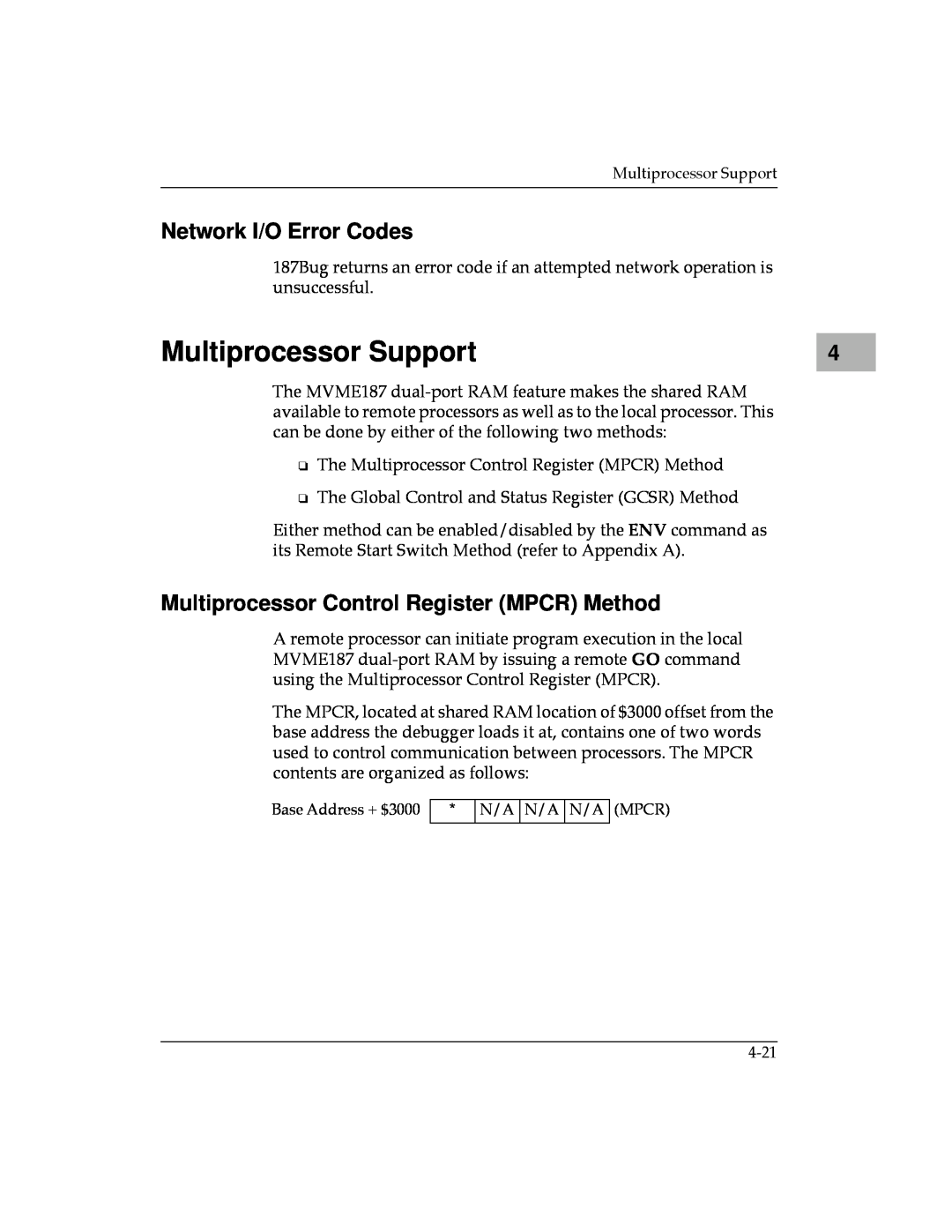 Motorola MVME187 manual Multiprocessor Support, Network I/O Error Codes, Multiprocessor Control Register MPCR Method 