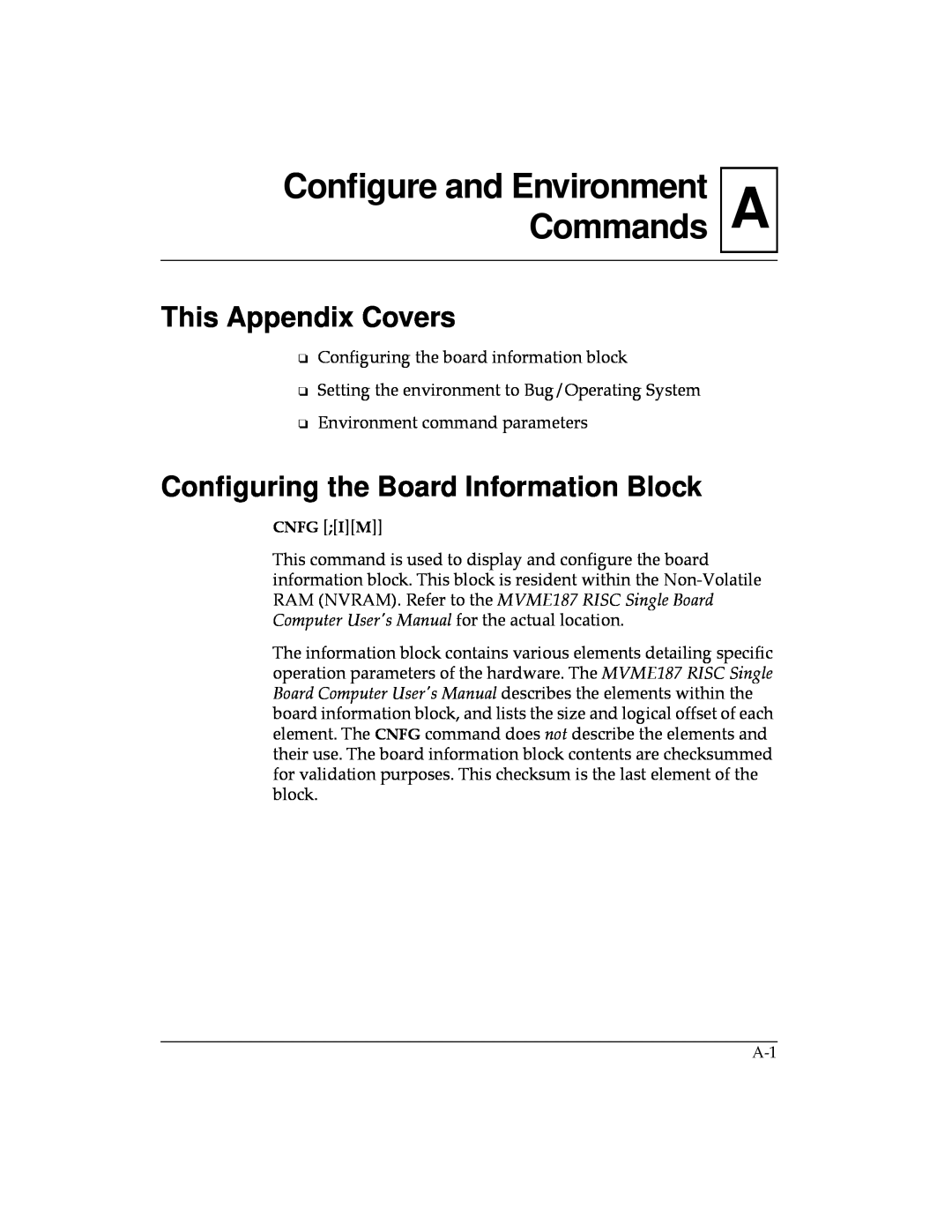 Motorola MVME187 manual AConﬁgure and Environment Commands, This Appendix Covers, Conﬁguring the Board Information Block 