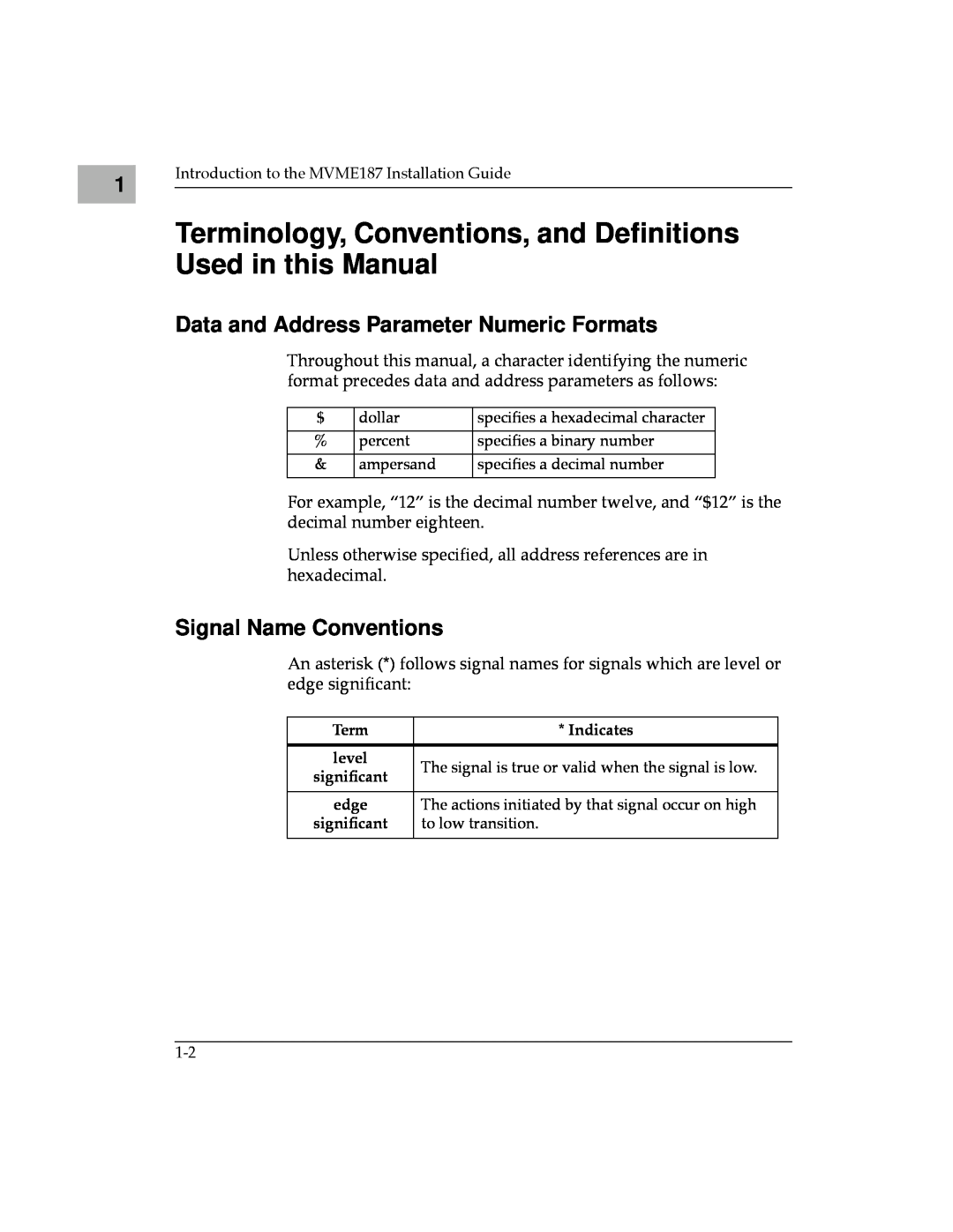 Motorola MVME187 Terminology, Conventions, and Deﬁnitions Used in this Manual, Data and Address Parameter Numeric Formats 