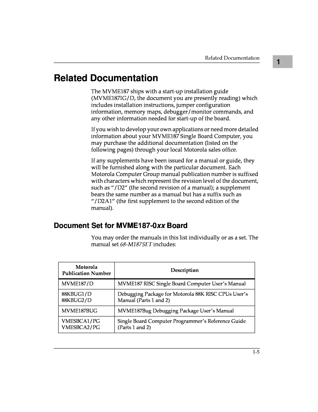 Motorola manual Related Documentation, Document Set for MVME187-0xx Board 