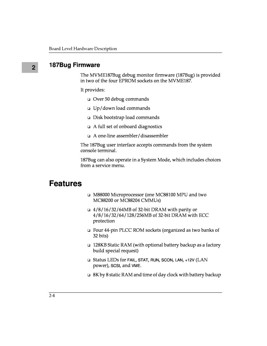 Motorola MVME187 manual Features, 187Bug Firmware 