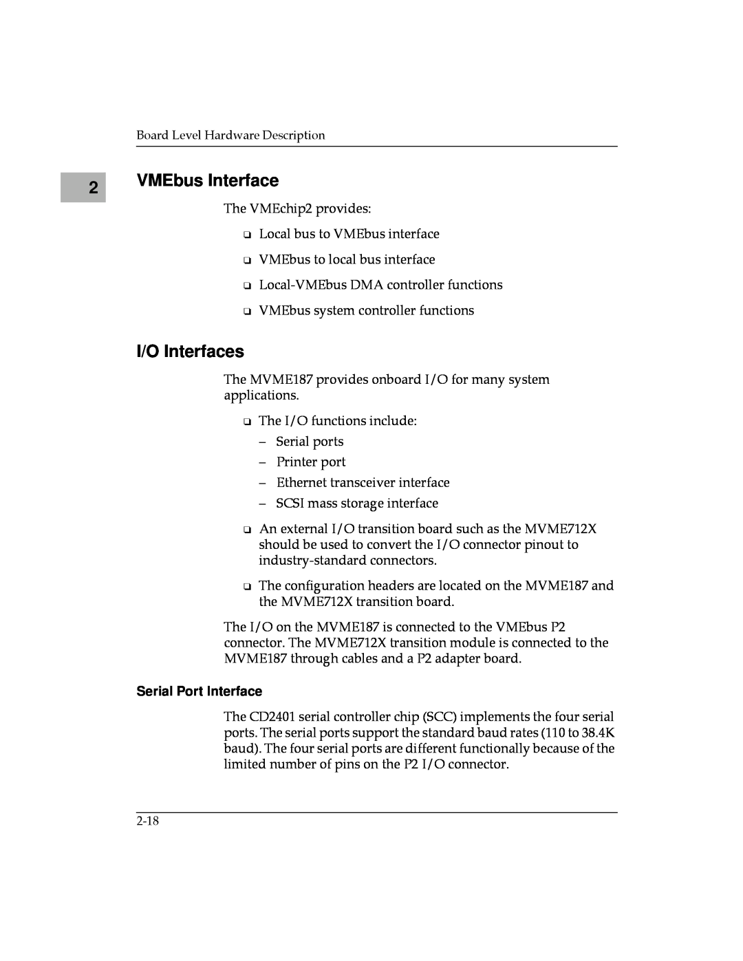 Motorola MVME187 manual VMEbus Interface, I/O Interfaces, Serial Port Interface 