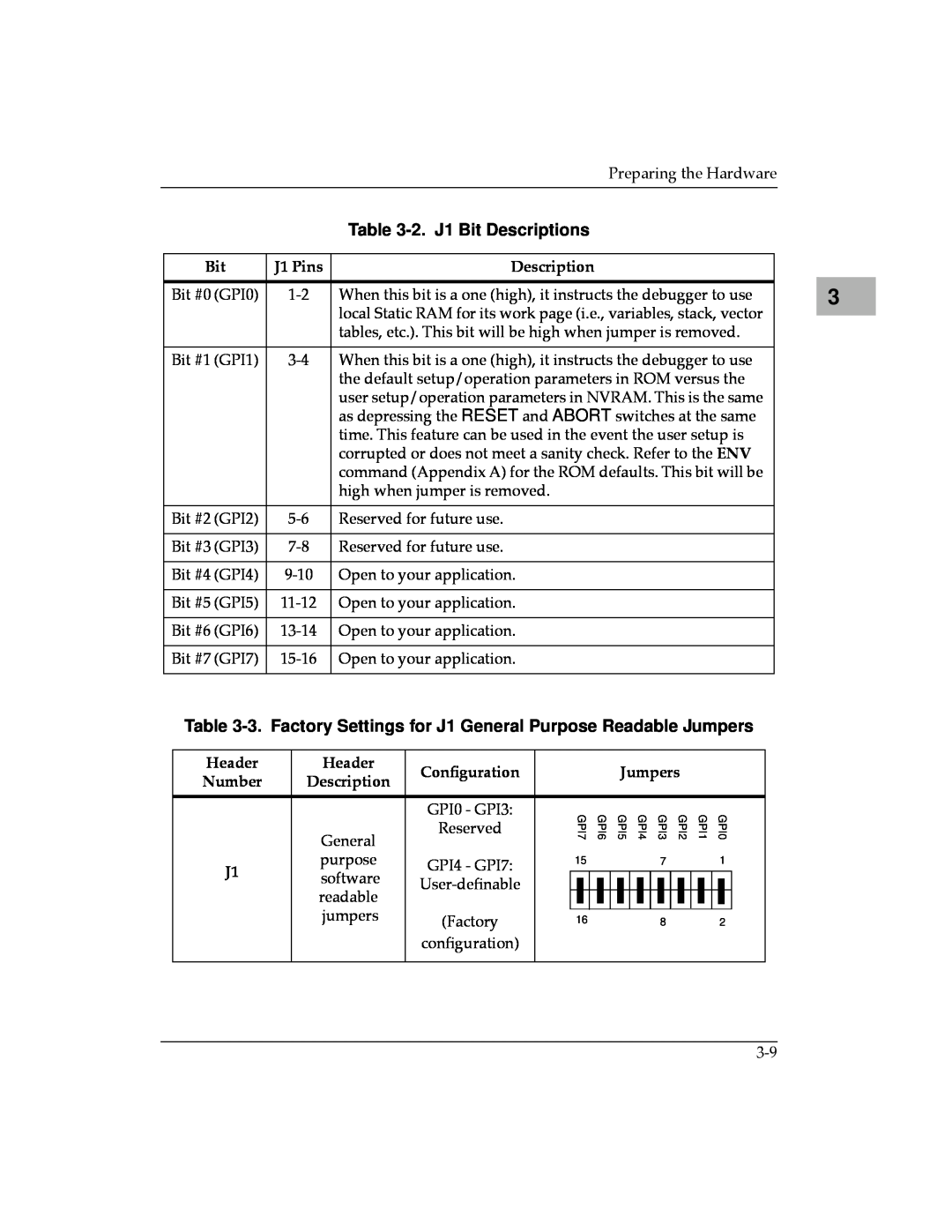 Motorola MVME187 manual 2. J1 Bit Descriptions, 3. Factory Settings for J1 General Purpose Readable Jumpers, GPI0 - GPI3 