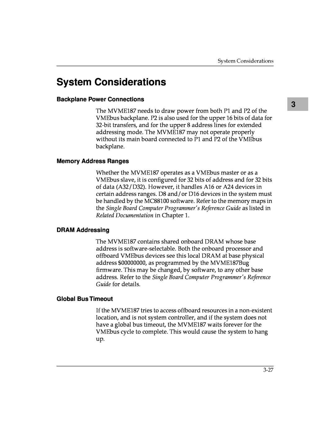 Motorola MVME187 manual System Considerations, Backplane Power Connections, Memory Address Ranges, DRAM Addressing 