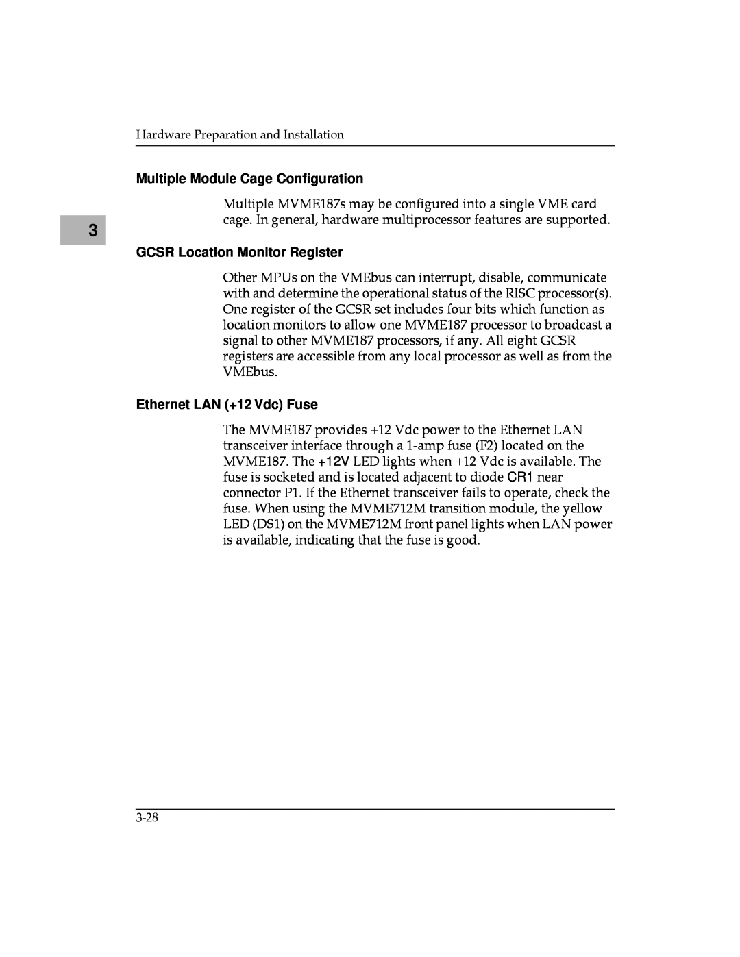 Motorola MVME187 manual Multiple Module Cage Conﬁguration, GCSR Location Monitor Register, Ethernet LAN +12 Vdc Fuse 