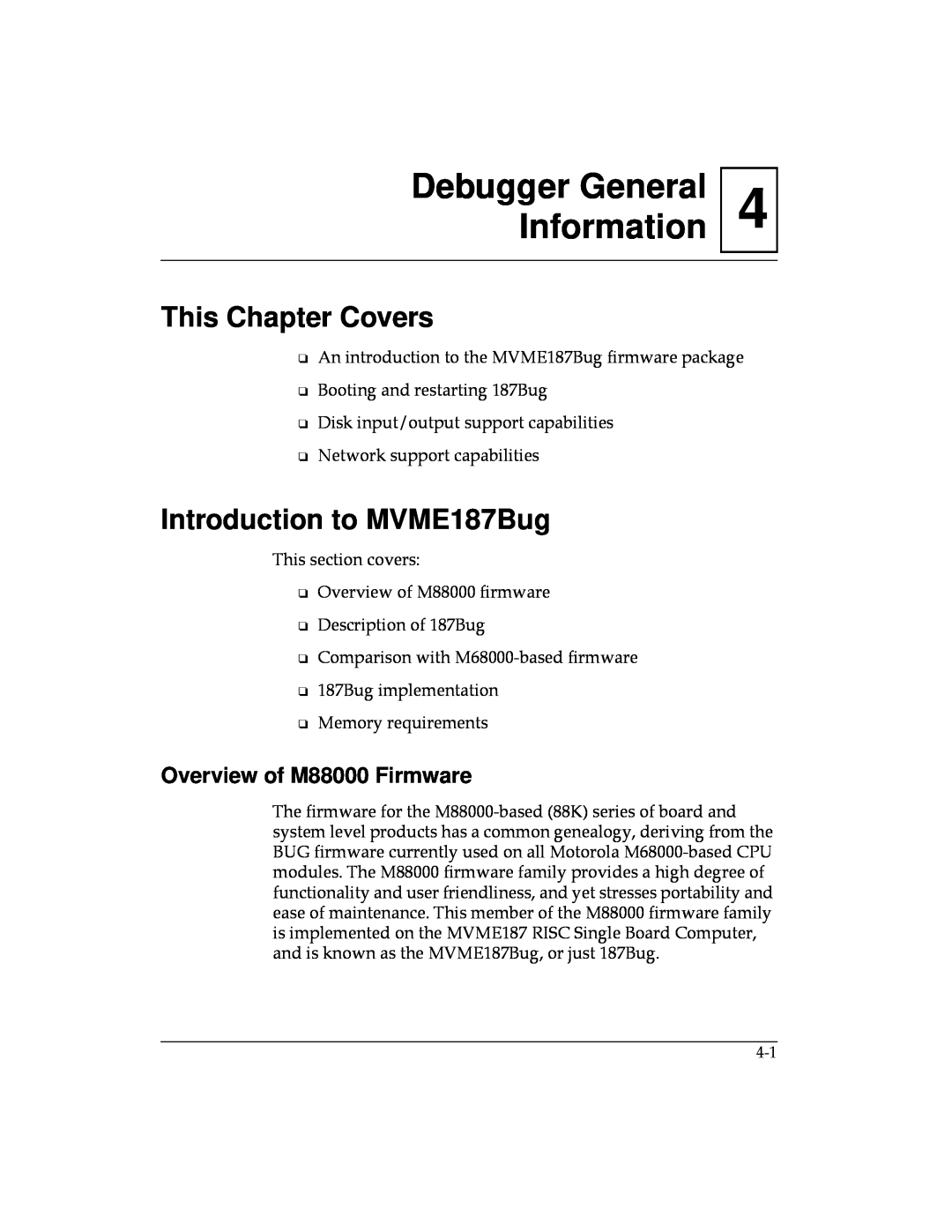 Motorola Debugger General Information, Introduction to MVME187Bug, Overview of M88000 Firmware, This Chapter Covers 