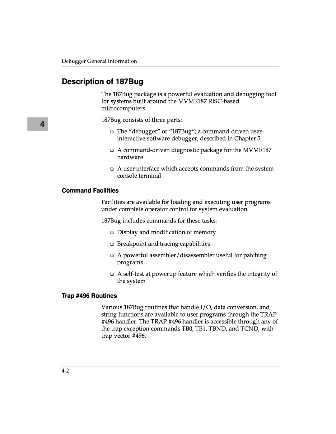 Motorola MVME187 manual Description of 187Bug, Command Facilities, Trap #496 Routines 