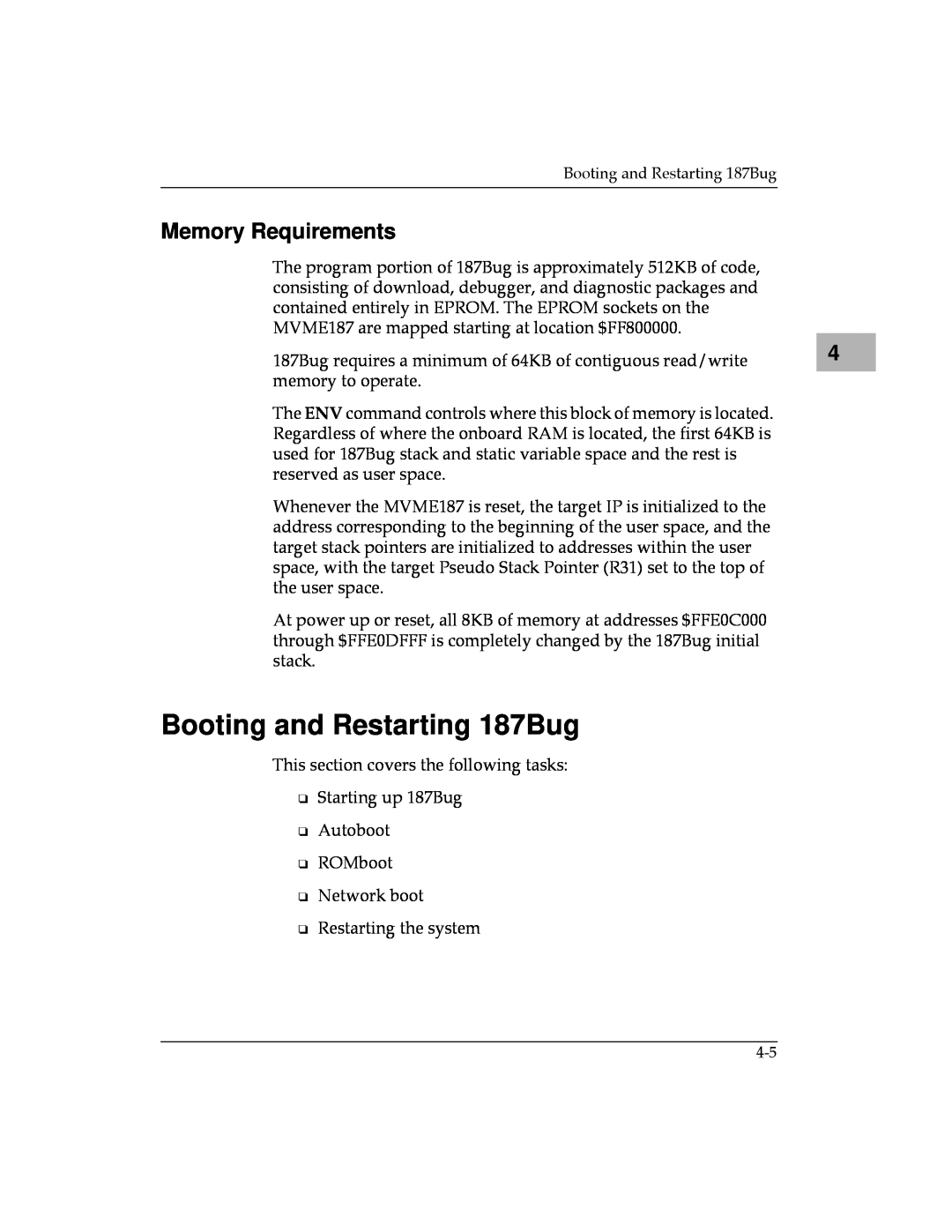 Motorola MVME187 manual Booting and Restarting 187Bug, Memory Requirements 