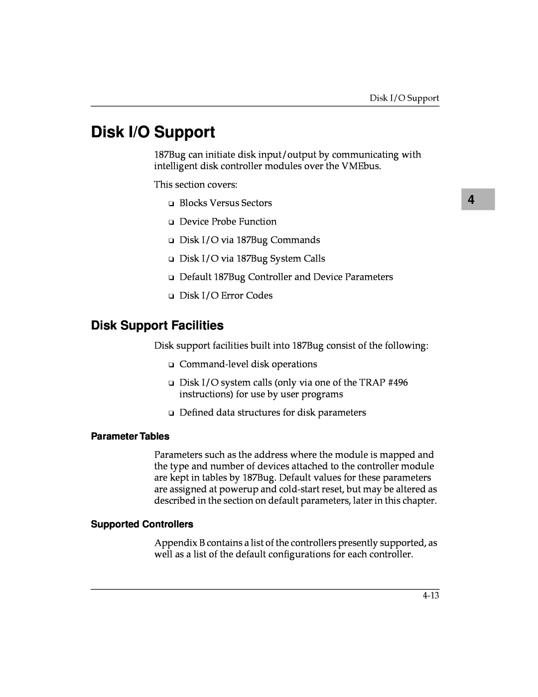 Motorola MVME187 manual Disk I/O Support, Disk Support Facilities, Parameter Tables, Supported Controllers 