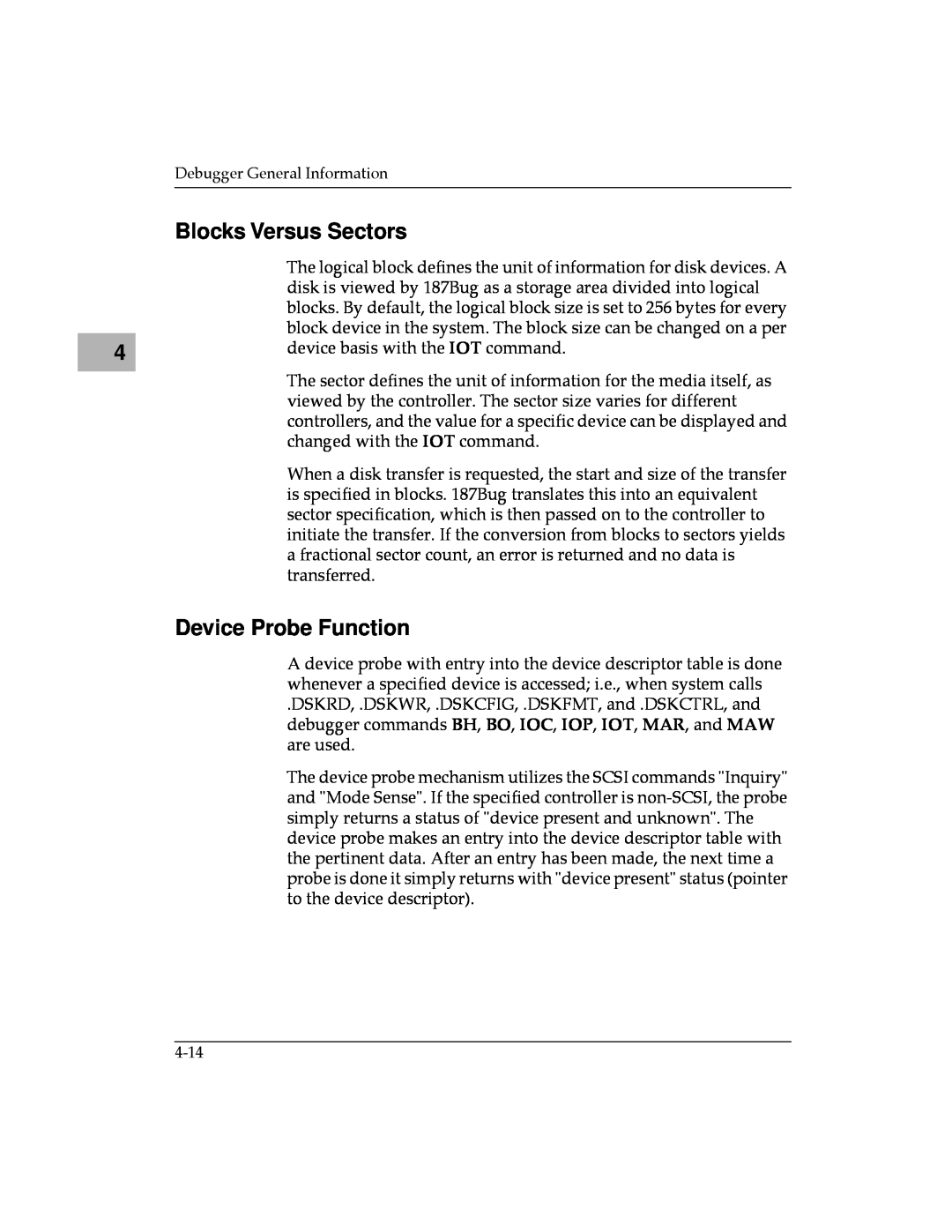 Motorola MVME187 manual Blocks Versus Sectors, Device Probe Function 