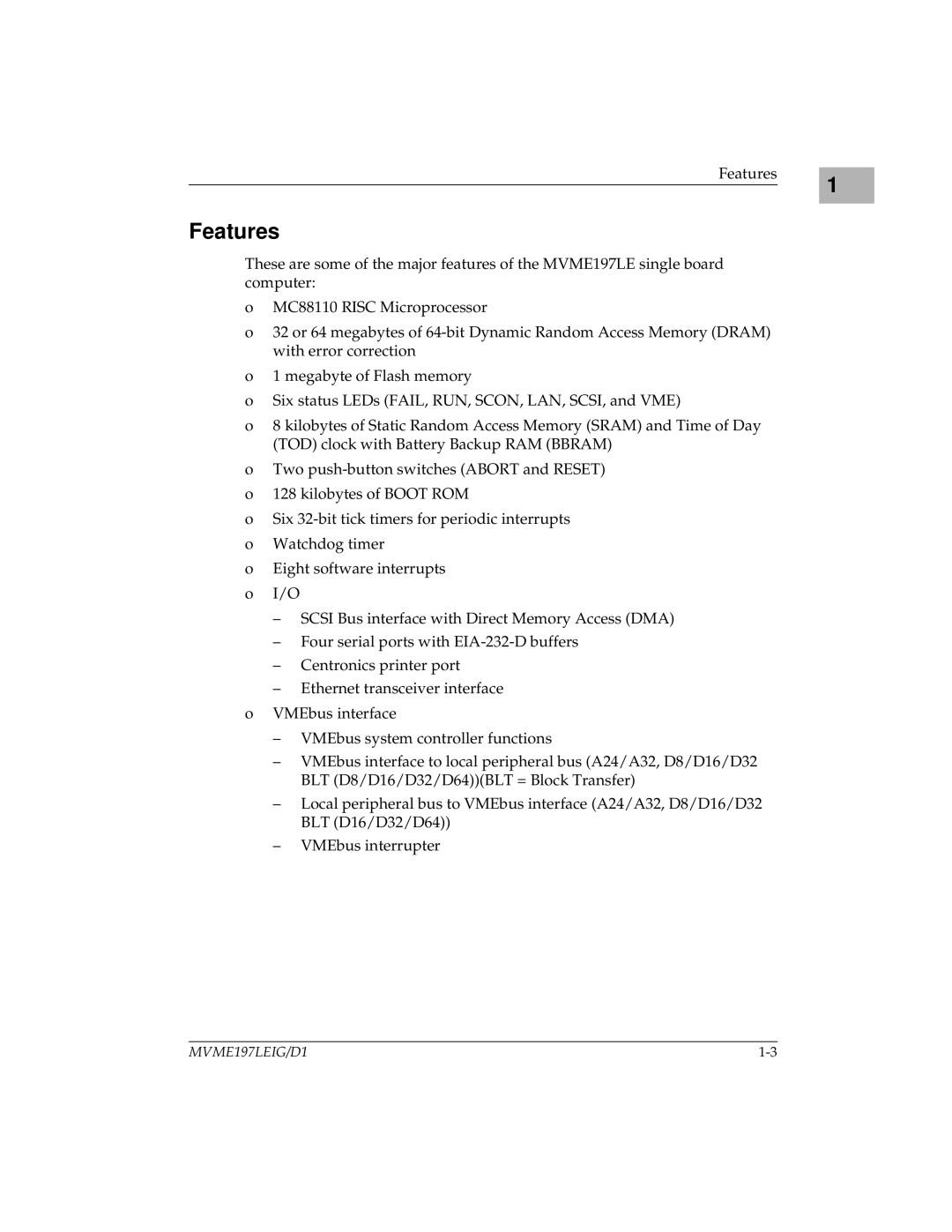 Motorola MVME197LE manual Features 