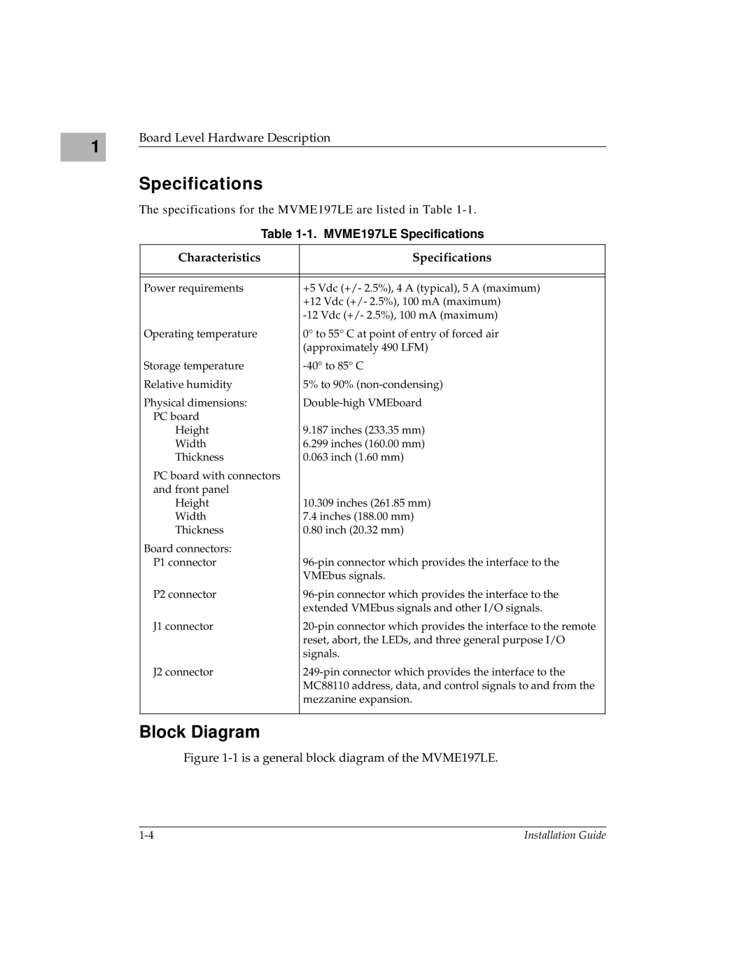 Motorola manual Block Diagram, MVME197LE Specifications 