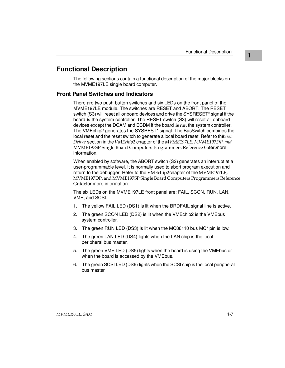 Motorola MVME197LE manual Functional Description, Front Panel Switches and Indicators 