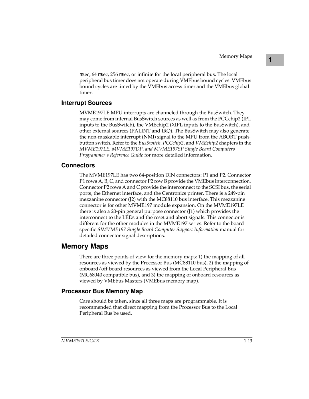 Motorola MVME197LE manual Memory Maps, Interrupt Sources, Connectors, Processor Bus Memory Map 