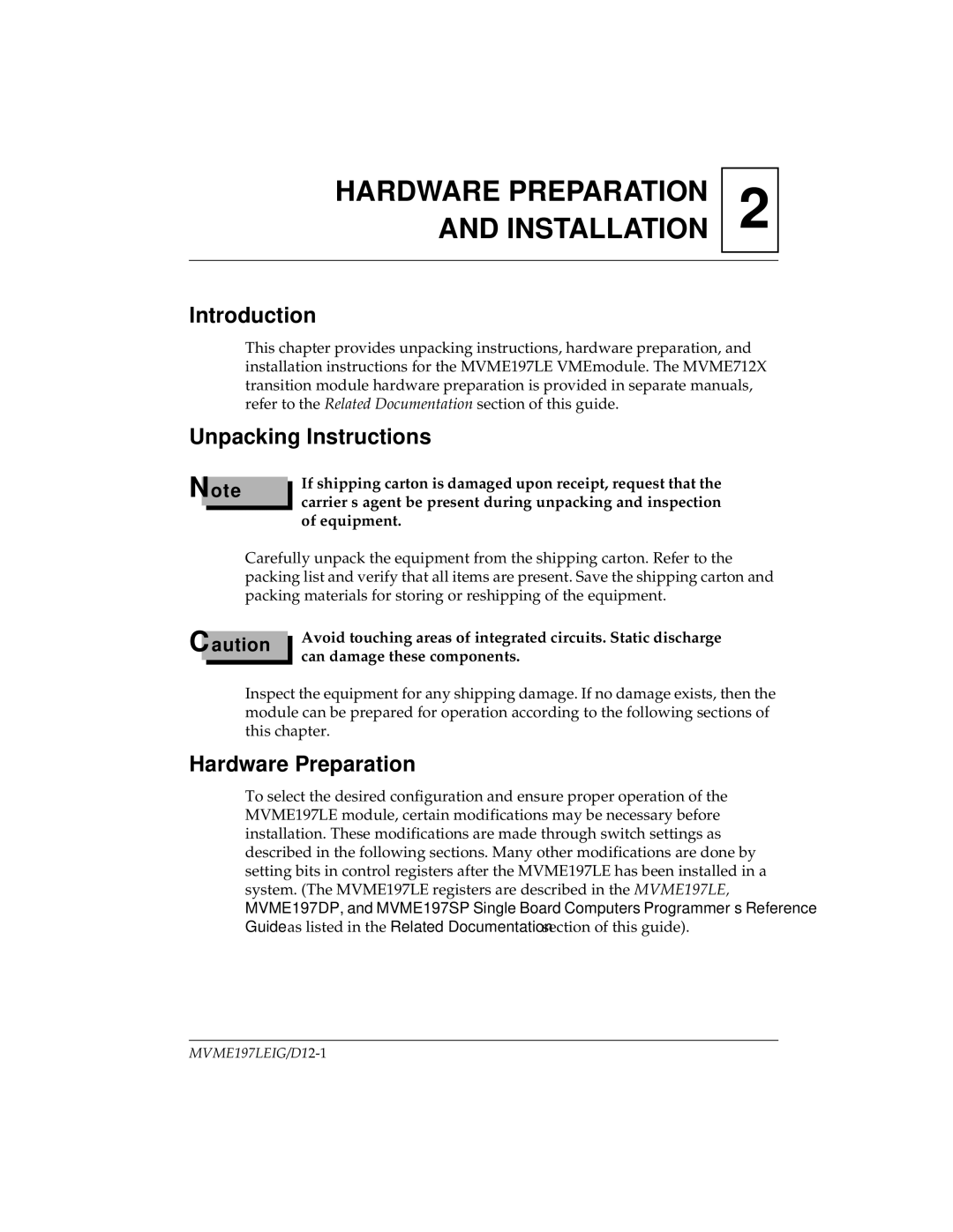 Motorola MVME197LE manual Unpacking Instructions, Hardware Preparation 