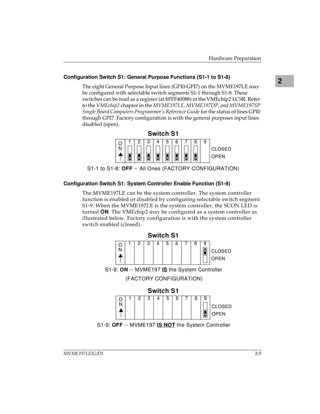 Motorola MVME197LE manual S1-1 to S1-8 OFF -- All Ones Factory Configuration 