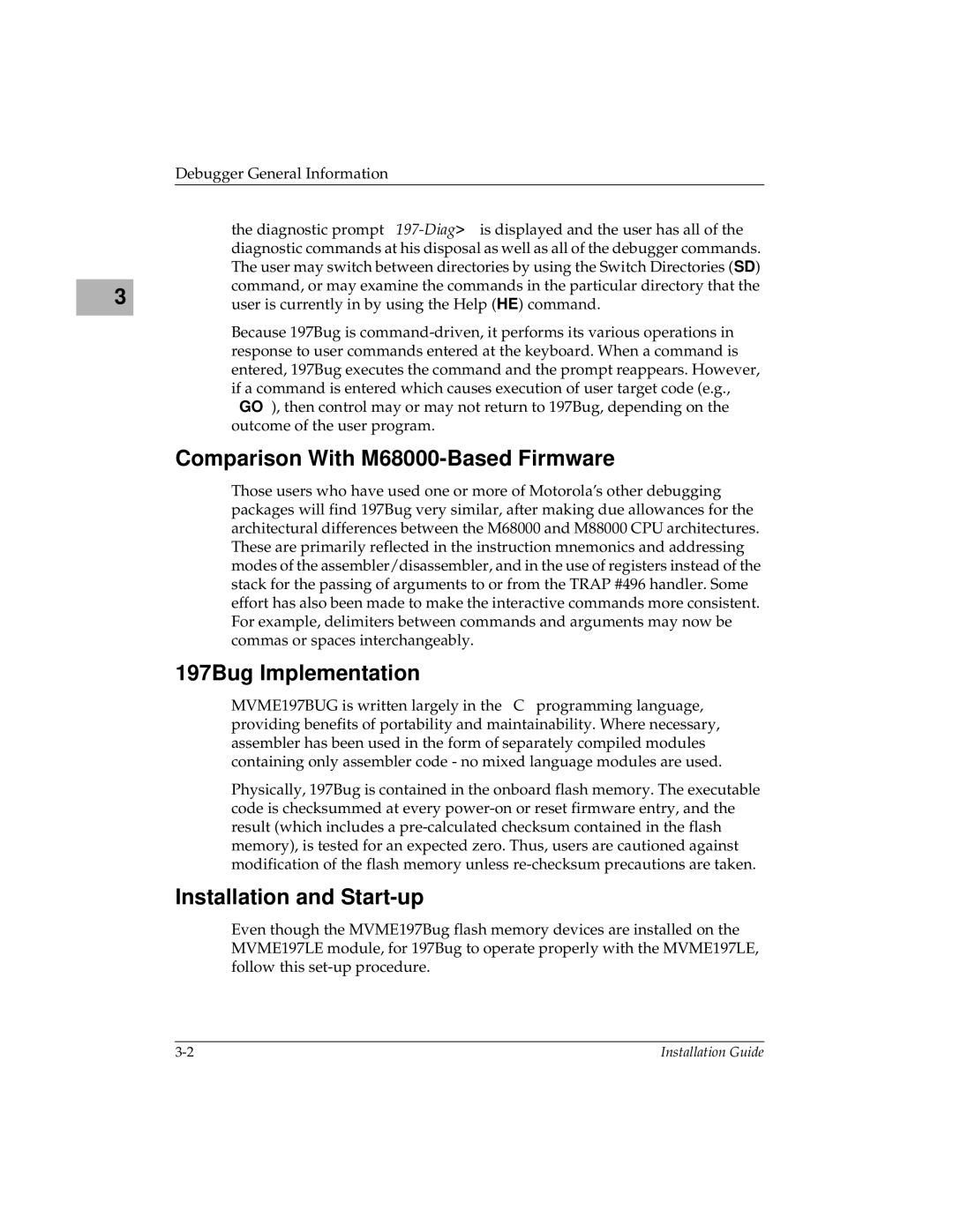 Motorola MVME197LE manual Comparison With M68000-Based Firmware, 197Bug Implementation, Installation and Start-up 