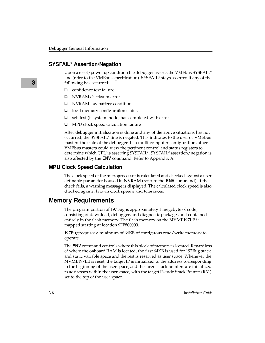 Motorola MVME197LE manual Memory Requirements, SYSFAIL* Assertion/Negation, MPU Clock Speed Calculation 