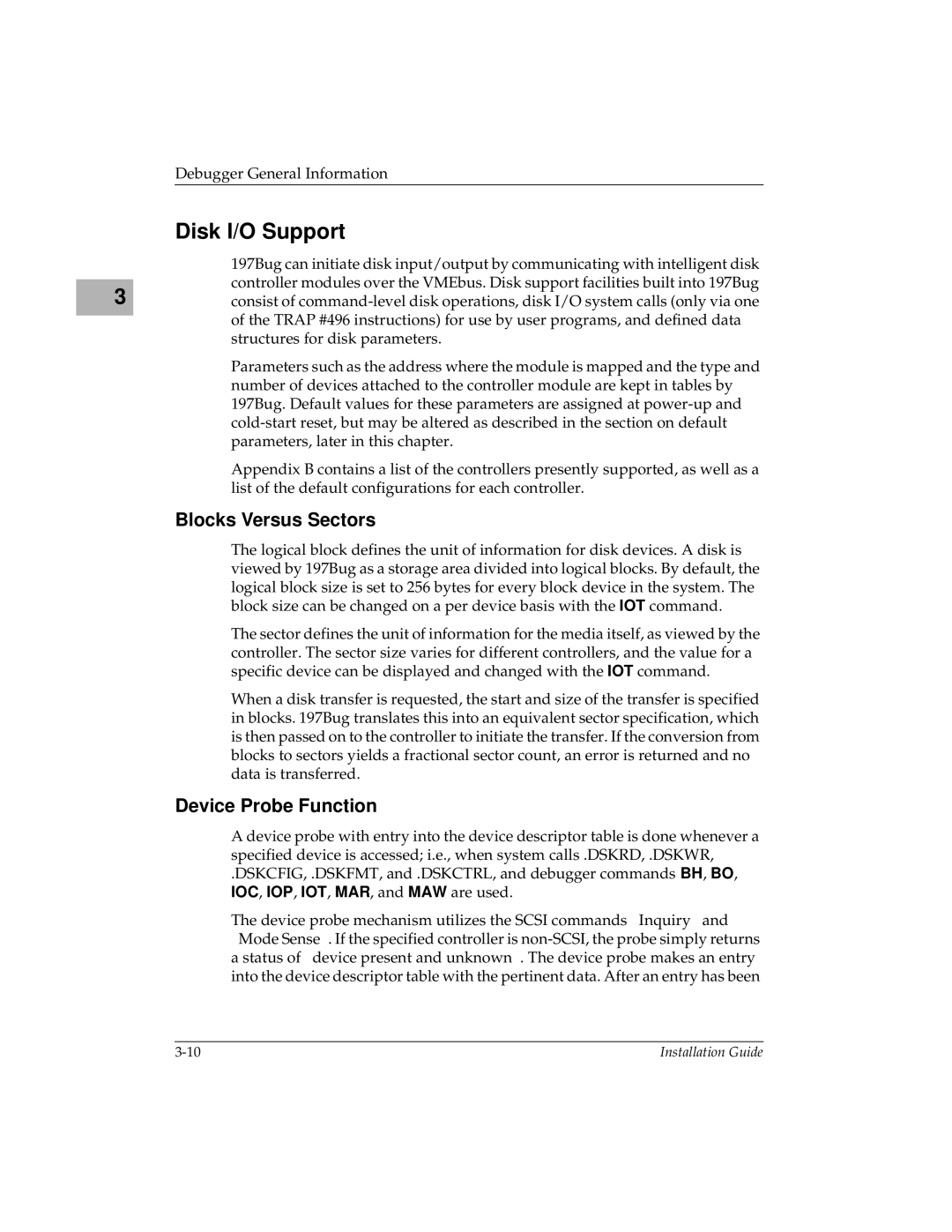 Motorola MVME197LE manual Disk I/O Support, Blocks Versus Sectors, Device Probe Function 