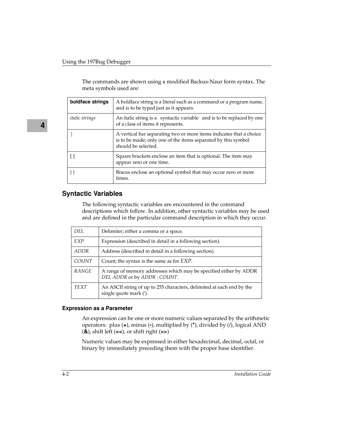 Motorola MVME197LE manual Syntactic Variables, Expression as a Parameter 