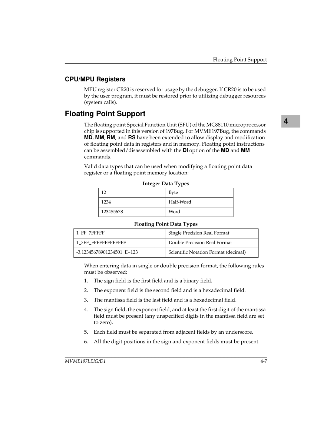 Motorola MVME197LE manual Floating Point Support, CPU/MPU Registers 