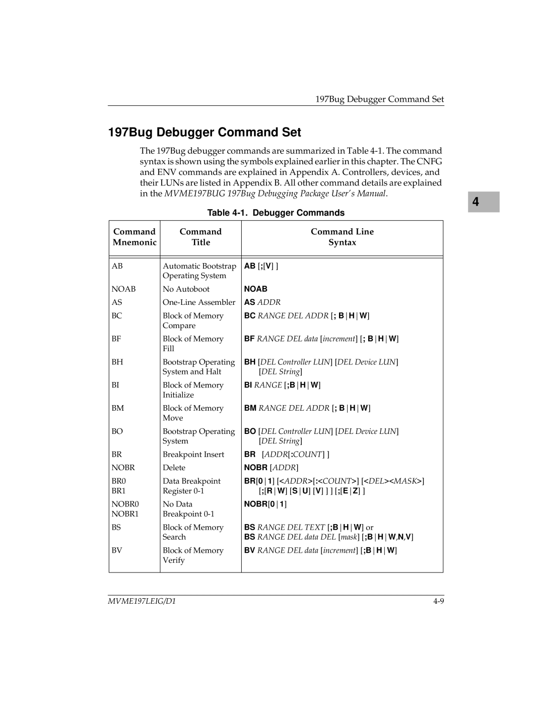 Motorola MVME197LE manual 197Bug Debugger Command Set, Debugger Commands 