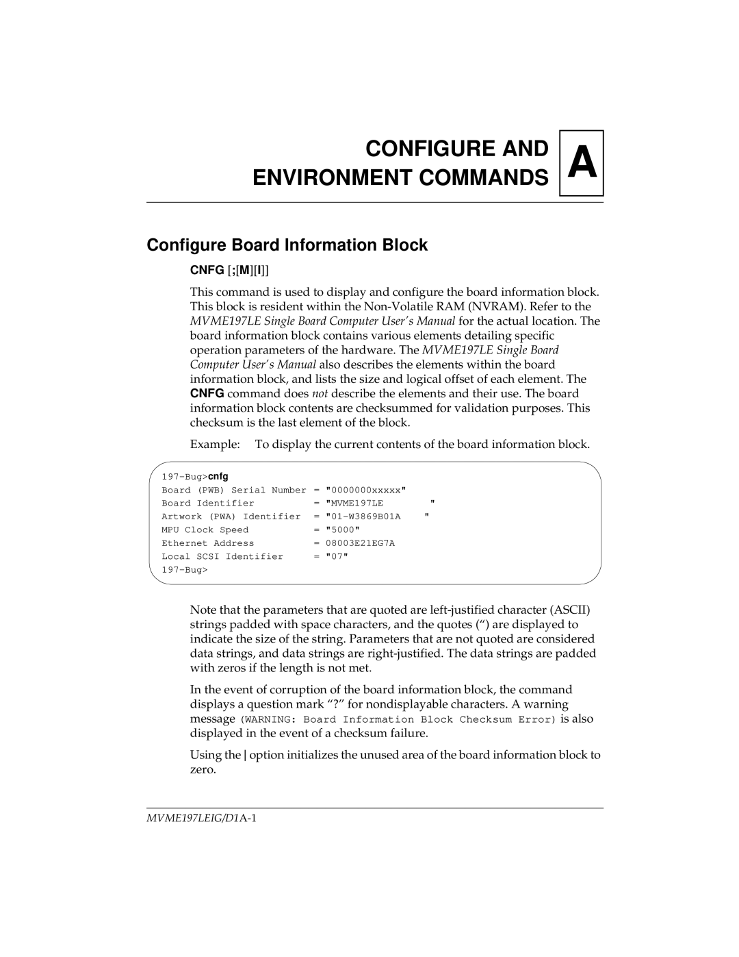 Motorola MVME197LE manual Configure Board Information Block, Cnfg MI 