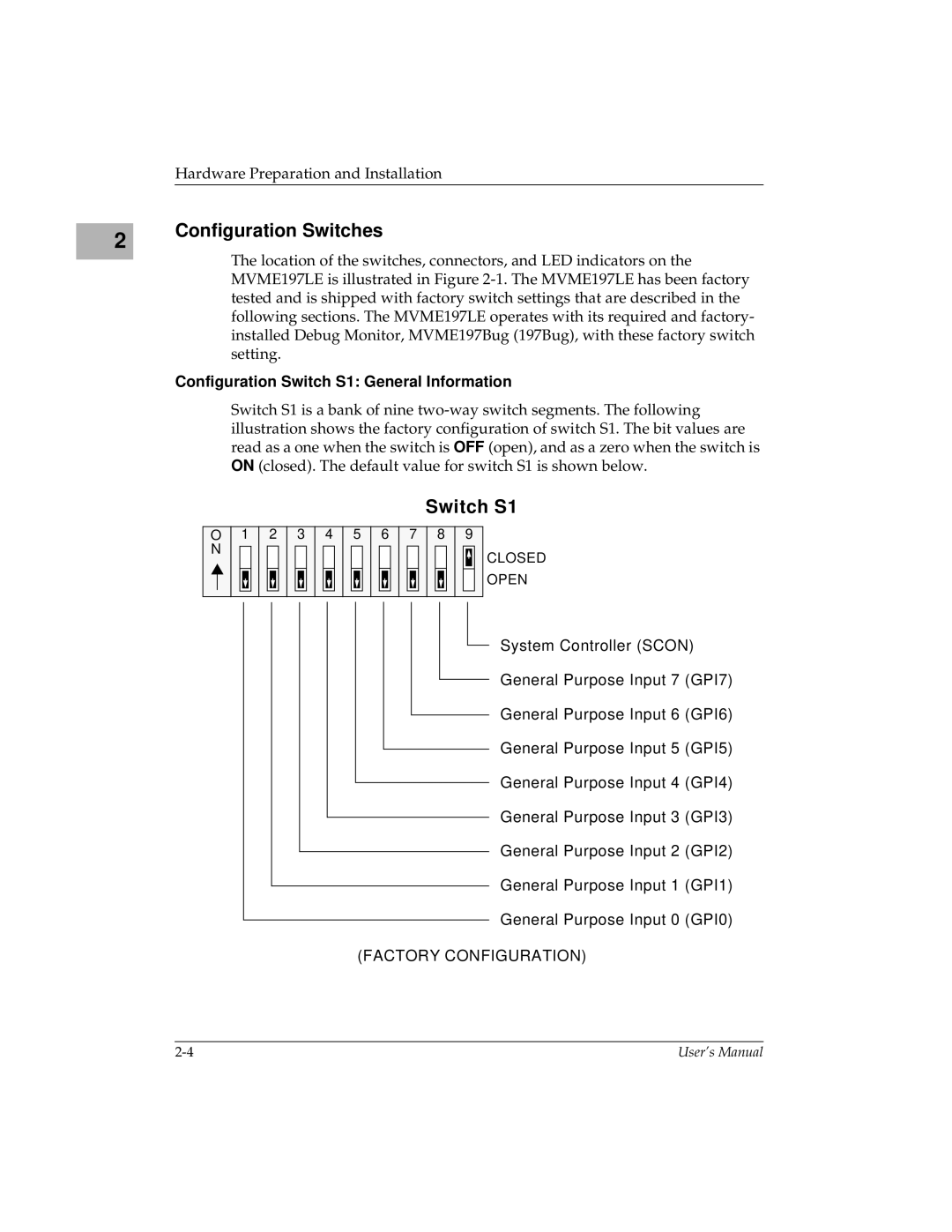 Motorola MVME197LE user manual Configuration Switches, Configuration Switch S1 General Information 