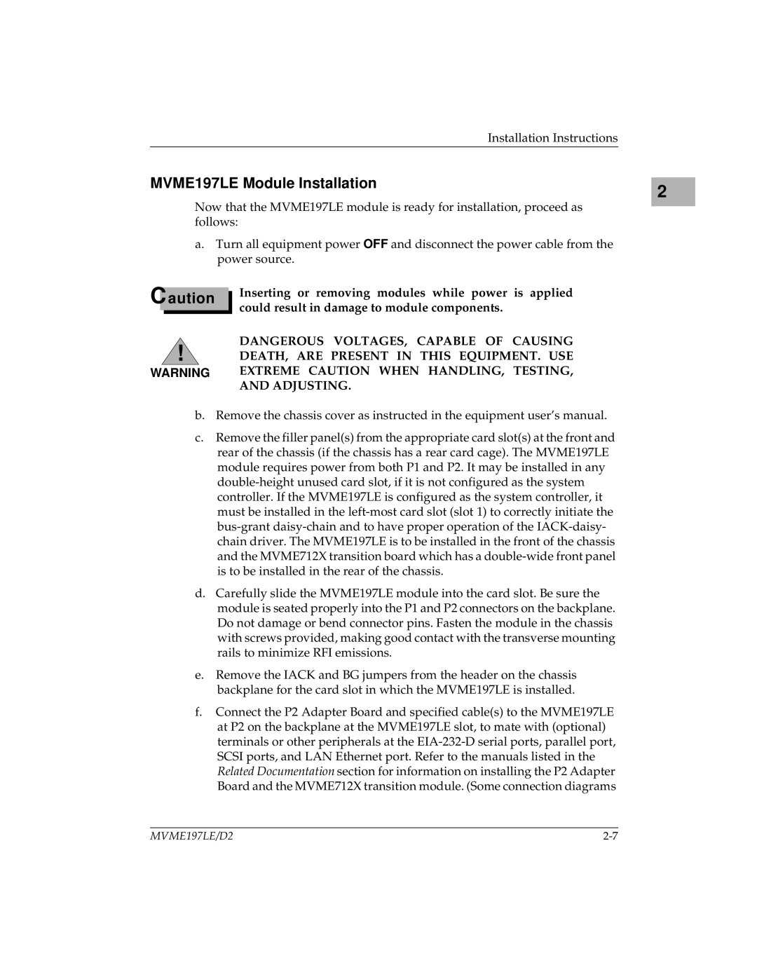 Motorola user manual MVME197LE Module Installation 