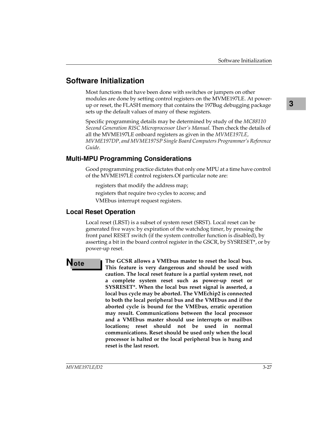 Motorola MVME197LE user manual Software Initialization, Multi-MPU Programming Considerations, Local Reset Operation 