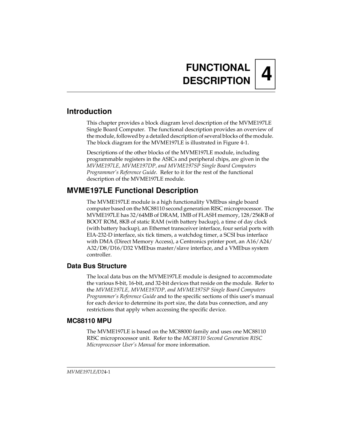 Motorola user manual MVME197LE Functional Description, Data Bus Structure, MC88110 MPU 