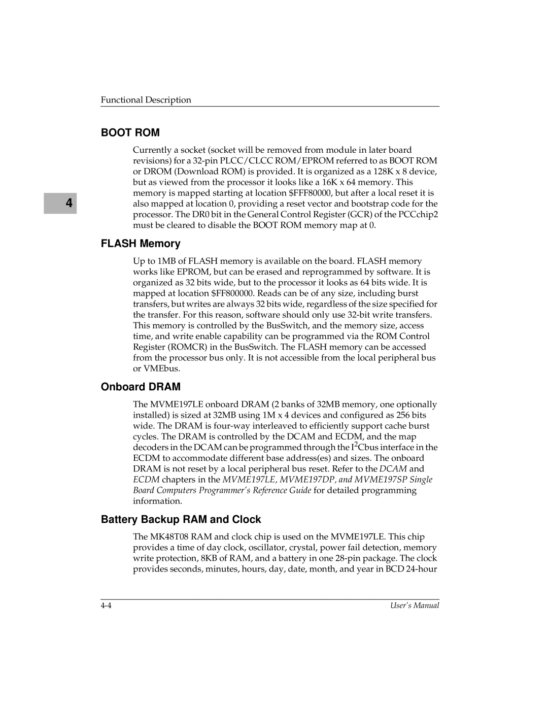 Motorola MVME197LE user manual Flash Memory, Onboard Dram, Battery Backup RAM and Clock 