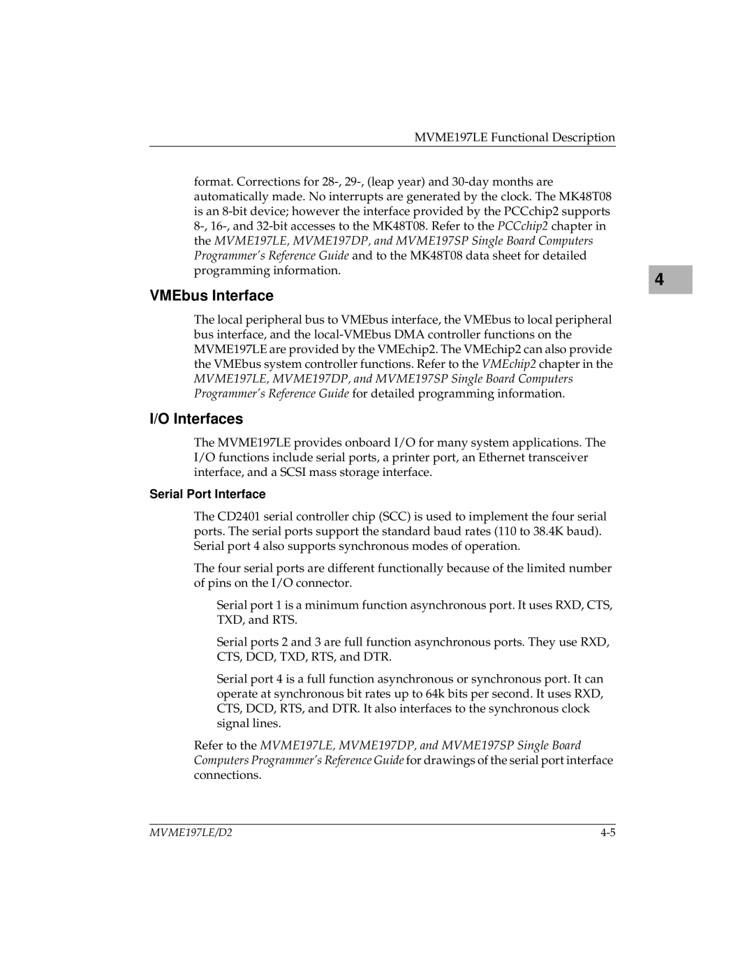 Motorola MVME197LE user manual VMEbus Interface, Interfaces, Serial Port Interface 