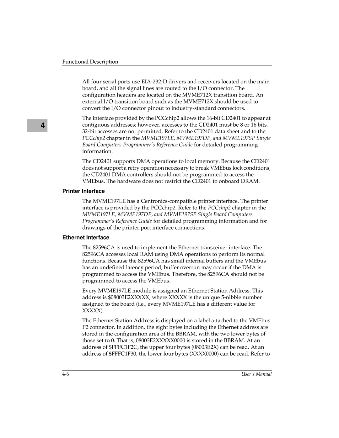 Motorola MVME197LE user manual Printer Interface, Ethernet Interface 