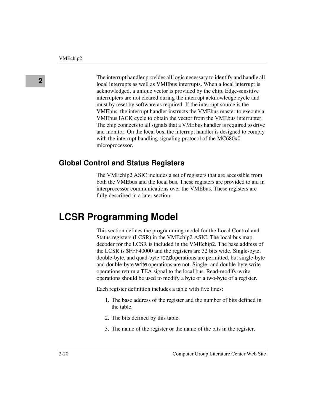 Motorola MVME1X7P manual Lcsr Programming Model, Global Control and Status Registers 