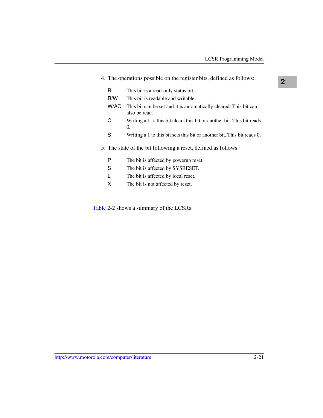 Motorola MVME1X7P manual State of the bit following a reset, defined as follows, 2shows a summary of the LCSRs 