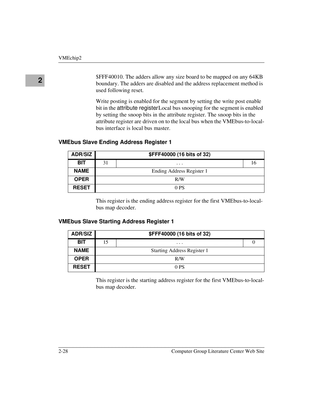 Motorola MVME1X7P manual VMEbus Slave Ending Address Register, VMEbus Slave Starting Address Register 