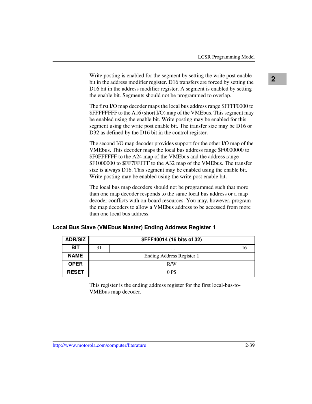 Motorola MVME1X7P manual Local Bus Slave VMEbus Master Ending Address Register 