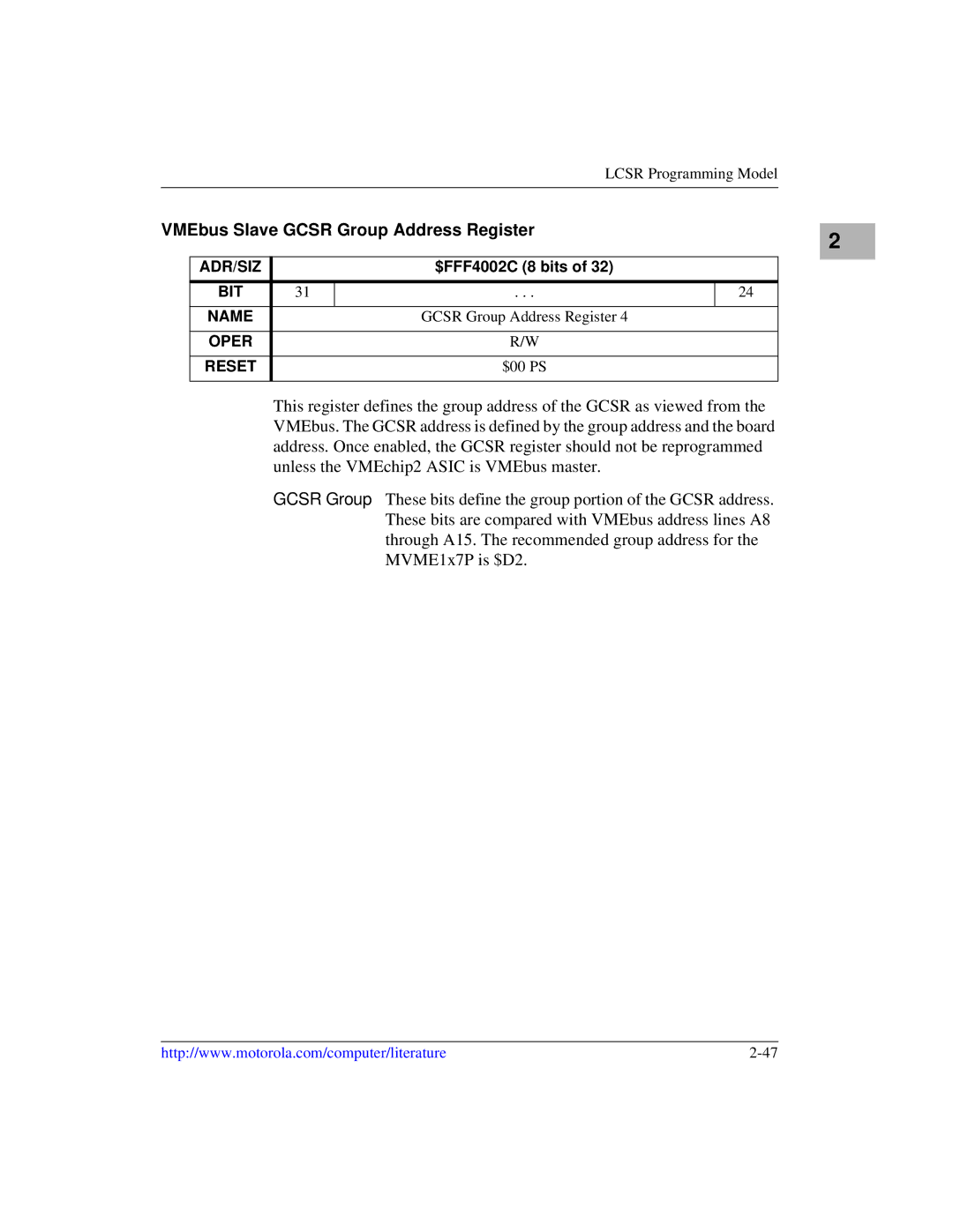 Motorola MVME1X7P manual VMEbus Slave Gcsr Group Address Register 