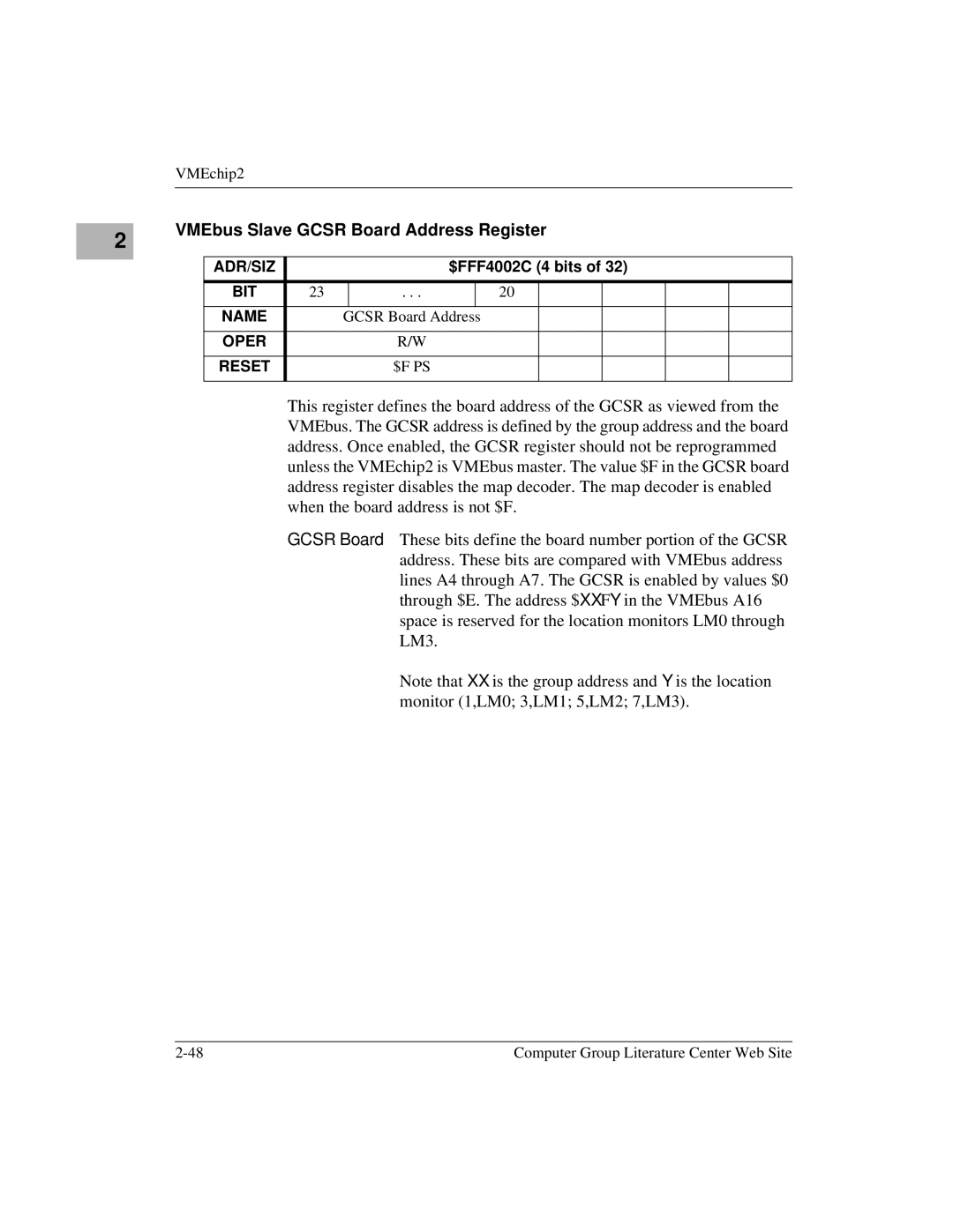 Motorola MVME1X7P manual VMEbus Slave Gcsr Board Address Register 