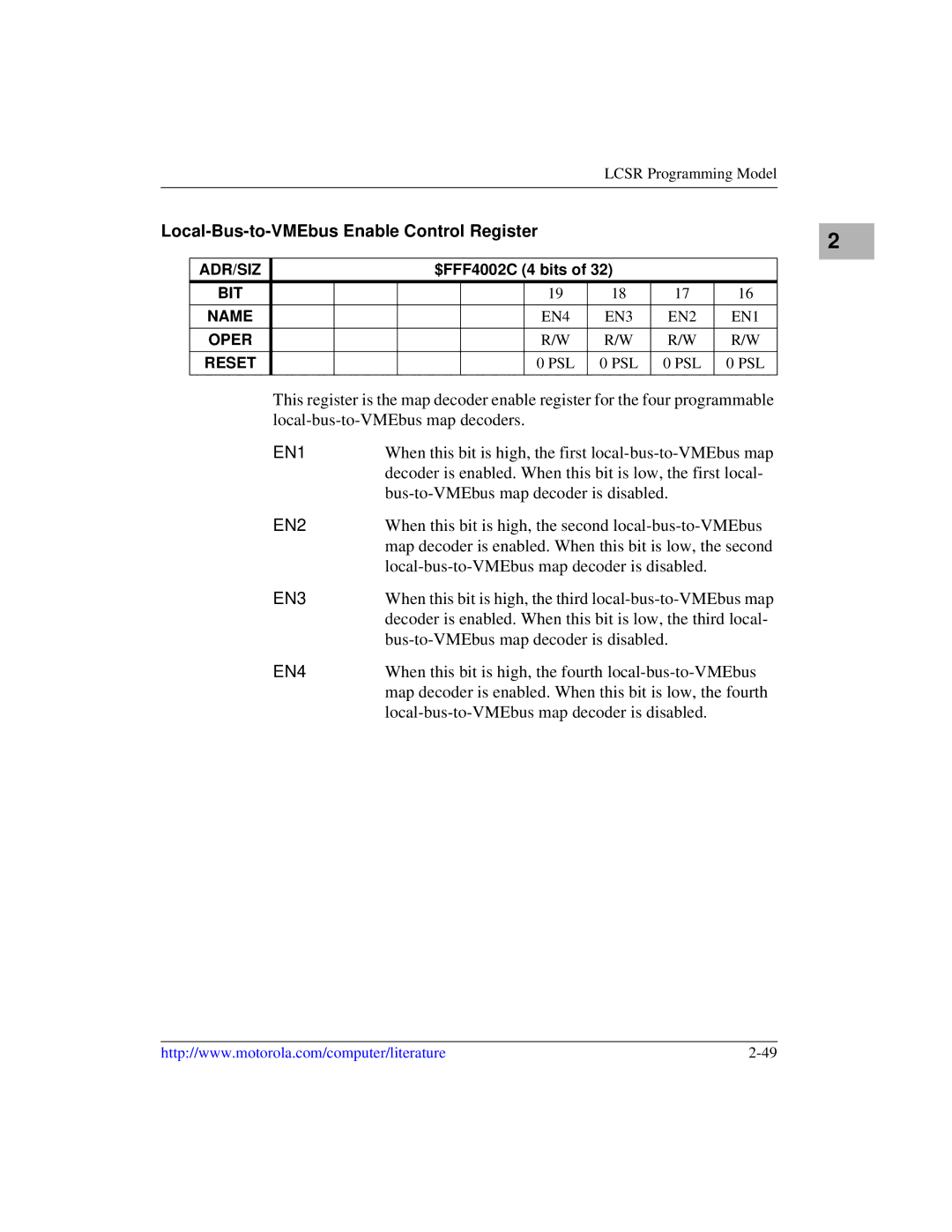 Motorola MVME1X7P manual Local-Bus-to-VMEbus Enable Control Register, EN1, EN2, EN3, EN4 
