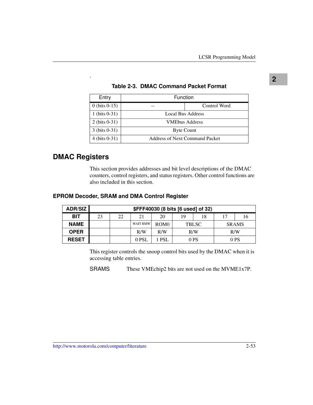 Motorola MVME1X7P Dmac Registers, Dmac Command Packet Format, Eprom Decoder, Sram and DMA Control Register, Entry Function 