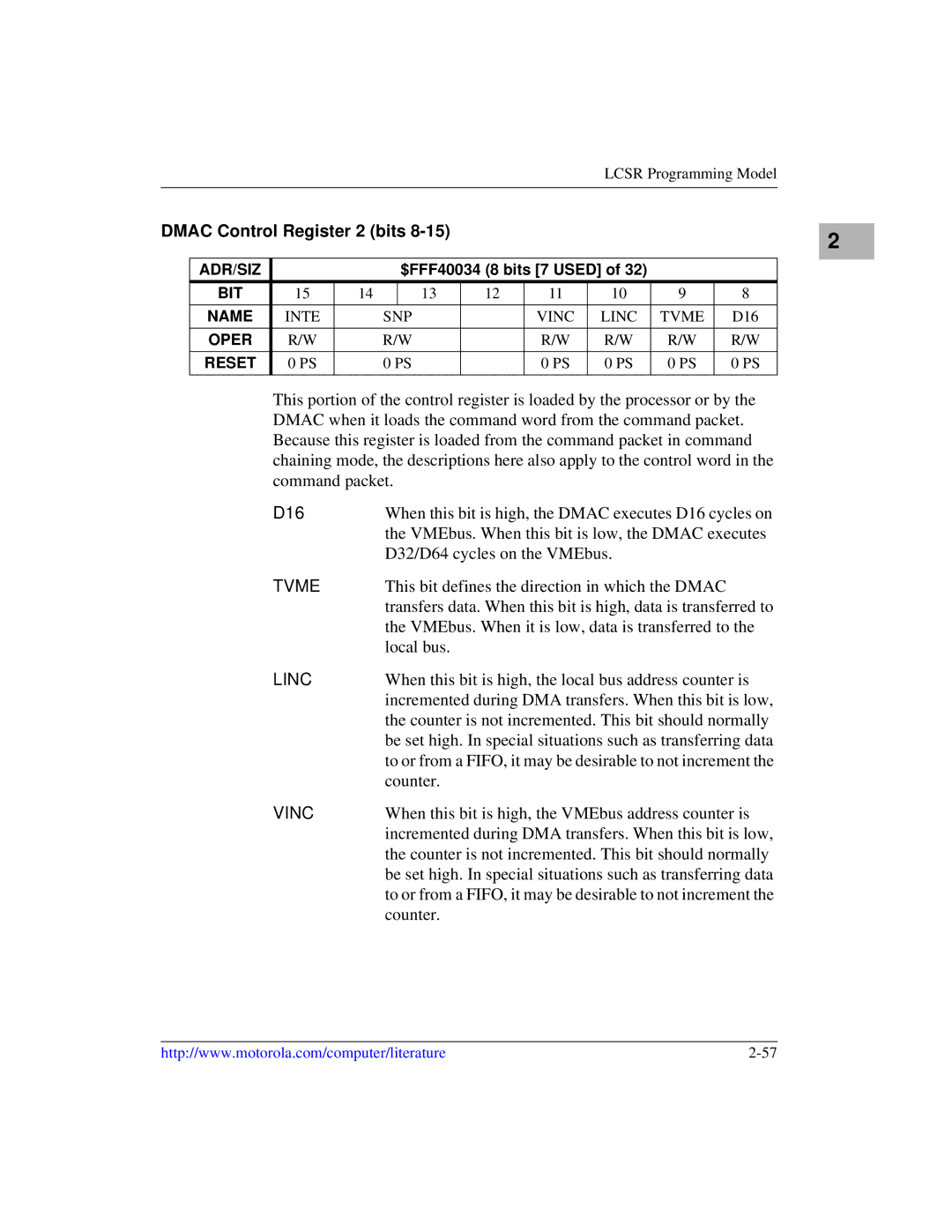 Motorola MVME1X7P manual Dmac Control Register 2 bits, Tvme, Linc, Vinc 