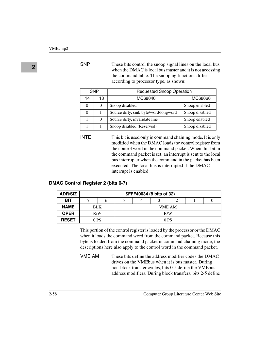 Motorola MVME1X7P manual Snp, Inte, This bit is used only in command chaining mode. It is only 