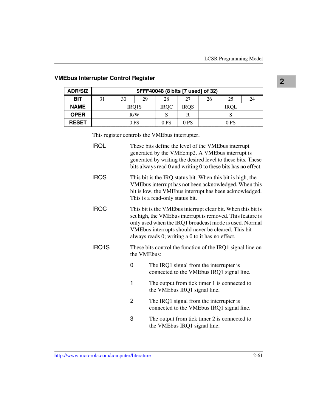 Motorola MVME1X7P manual VMEbus Interrupter Control Register, Irql, Irqs, Irqc, IRQ1S 