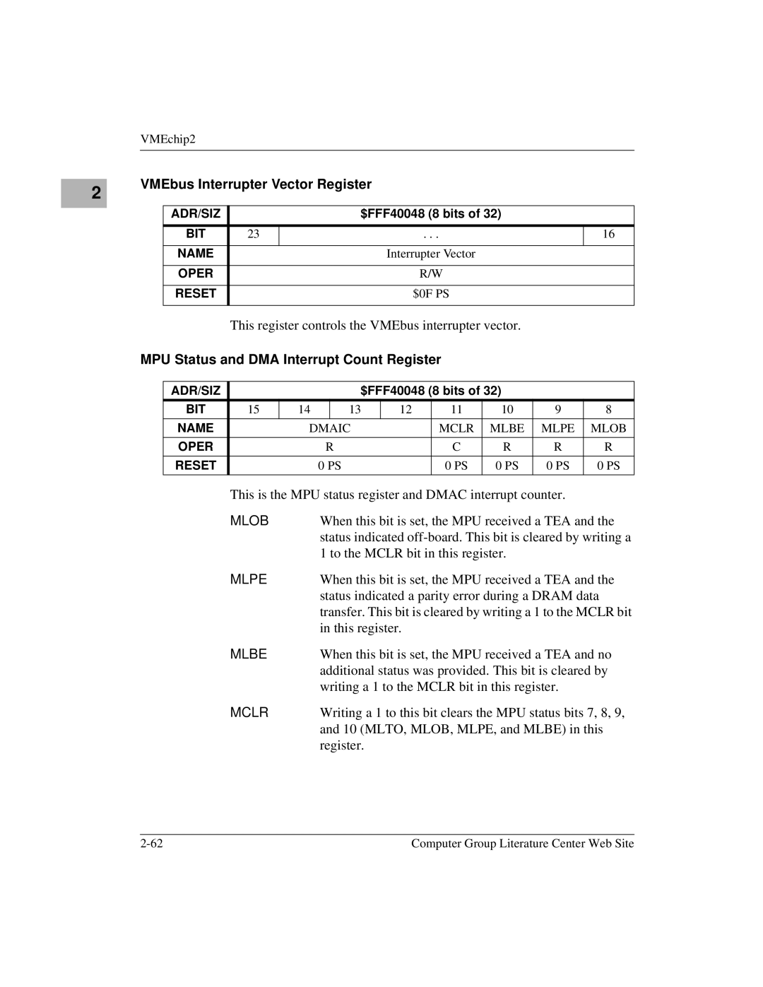 Motorola MVME1X7P manual VMEbus Interrupter Vector Register, MPU Status and DMA Interrupt Count Register 